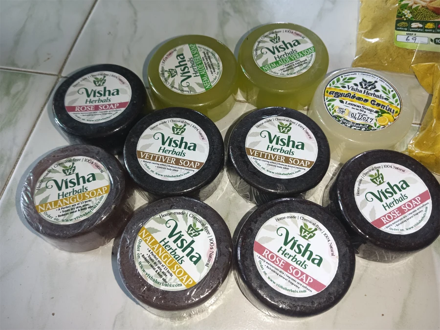 Visha Herbals handmade herbal soap collection including Rose, Vetiver, Neem Aloe Vera and other varieties